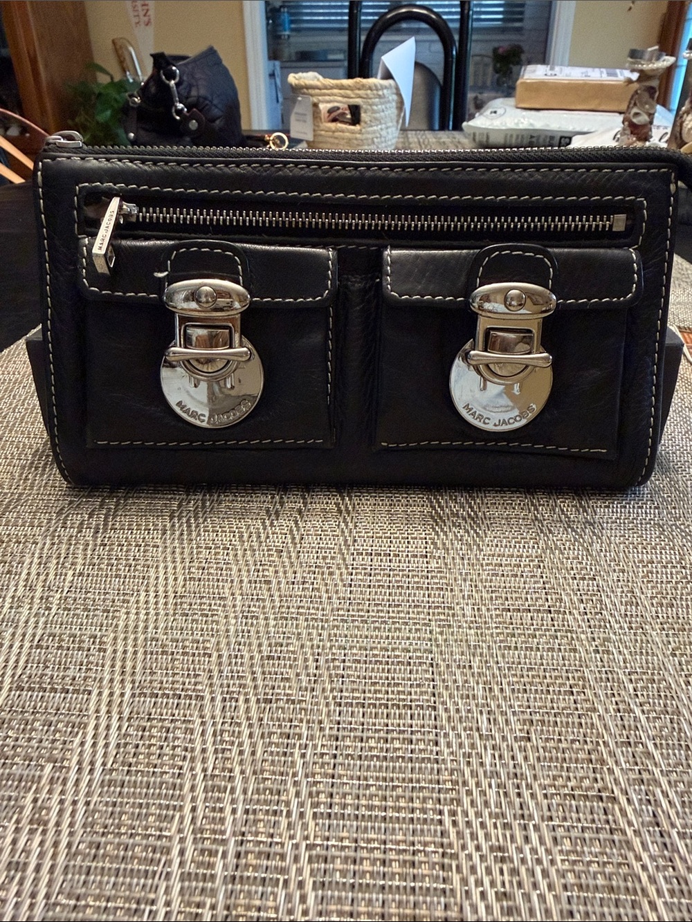 Marc Jacobs Black Leather Wallet with Silver Buckle Pockets